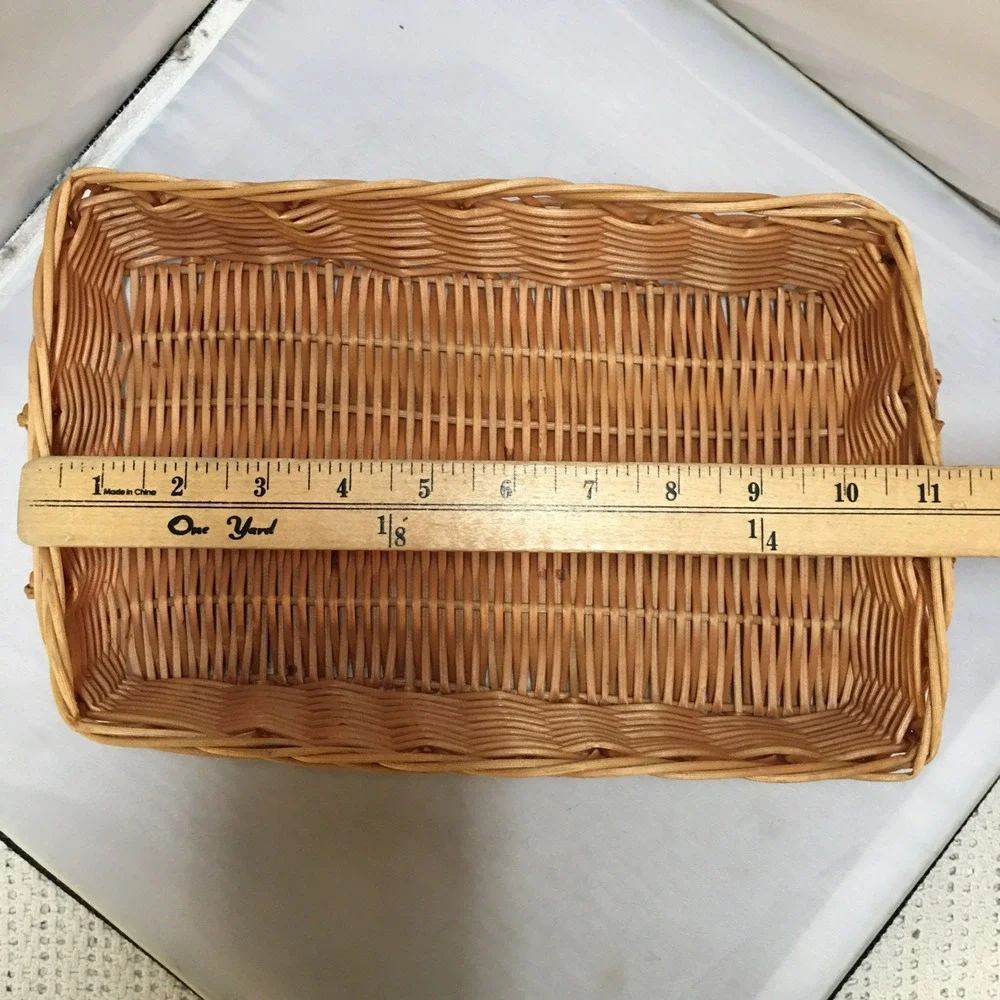 Wicker Serving Basket Medium Tan Rectangular Woven Tray Cottagecore Swing Handle